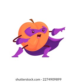 Cartoon funny peach or apricot fruit superhero character in cape. Vector plant vigilante wear cloak and mask stand in super hero pose. Cheerful fairytale healthy food, brave comics book personage