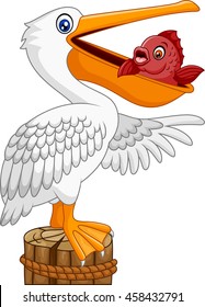 Cartoon funny Pelican in the bay with fish in mouth