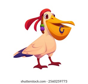 Cartoon funny pelican bird pirate corsair animal character. Isolated vector feathered buccaneer sailor personage with red bandana and piercing on its beak searching for fishy treasure on the high seas