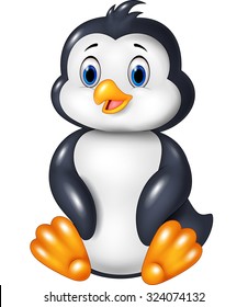 Cartoon funny penguin sitting isolated on white background