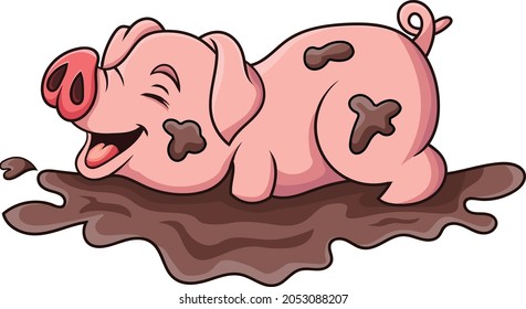 Cartoon funny pig in the mud