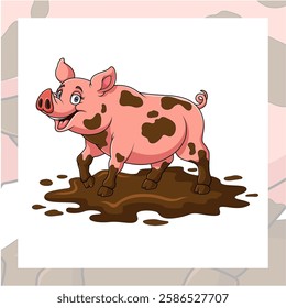 Cartoon funny pig in the mud
