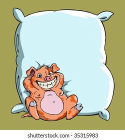 cartoon funny pig on pillow, vector banner