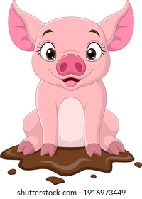 Cartoon funny pig sitting in the mud