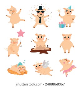 Cartoon funny pigs. Little pig different poses and actions. Ballerina angel billionaire and birthday animal. Positive children mascots, classy vector set