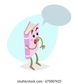 Cartoon funny pink disappointed book mascot on round background. Dummy speech bubble. Surprised character. Education and school vector illustration icon.