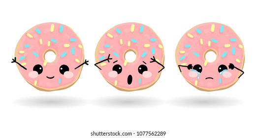 Cartoon funny pink donut. Hand drawn set of emoji. Vector emoticon illustration food