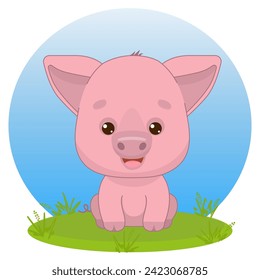 Cartoon funny pink pig sitting. Piglet in kawaii style. Kawaii style. Vector illustration of drawings, prints and patterns. Illustration for children