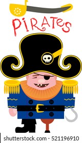 Cartoon Funny Pirate captain with a hook and cutlass, standing with one wooden leg viewed from front set on isolated white background done in cartoon style.