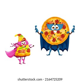 Cartoon funny pizza superhero characters, fast food super hero defender, vector kids personage. Cute pizza with salami and mushrooms as super hero guardian and rescue ranger in mask and power cape