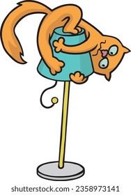 Cartoon: funny playful cat climbing and balancing on a wobbly floor lamp