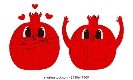 Cartoon funny pomegranate. Cute happy fruits. Vector illustration in flat style.  