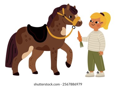 Cartoon funny ponies. Girl feeding horse. Kid caring of domestic animal. Person giving carrot to mammal. Thoroughbred stallion grooming. Food for farm pet. Vector