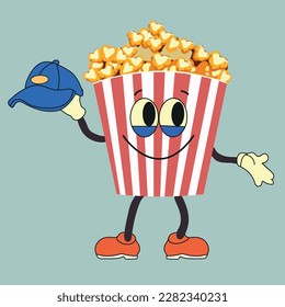 Cartoon funny popcorn character with cap. Vector bucket of popcorn with a cute smiley face. Fast food for cinema, funny character with positive emotions.