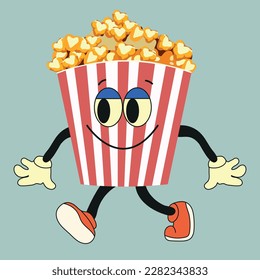 Cartoon funny popcorn character. Vector popcorn bucket with cute smiling face, arms, legs. Fast food for cinema, funny character with positive emotions.