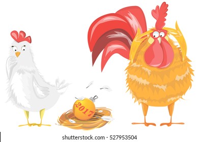 Cartoon funny poster. Wallpaper. Background. Isolated surprised rooster and hen with improper egg.