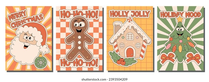 Cartoon, funny posters with Christmas characters in the style of retro cartoons of the 70s, 80s. Santa, Tree, Gingerbread, House.Comic vector illustration.