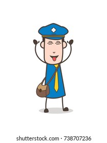 Cartoon Funny Postman Face with Stuck-Out Tongue Vector