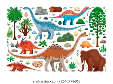 Cartoon personagens de dinossauros pré-históricos engraçados e lagartos jurássicos na floresta selva, fundo vetorial. Crianças dinossauros bonitos engraçados e personagens da idade do gelo de mamute e ovos de dino com palmeiras