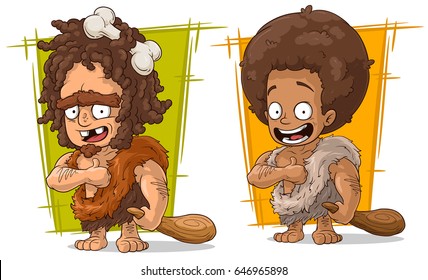 Cartoon funny prehistoric man with wooden baton character vector set