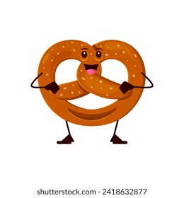 Cartoon funny pretzel bakery character. Isolated vector salty, twisted snack personage with a cheeky grin, sesame seeds, and crispy texture stretch out arms in a doughy embrace, ready for adventure