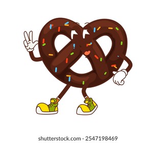 Dibujos animados divertidos pretzel groovy personaje. Panadería de chocolate de Vector aislado con chispas, personaje de bocadillo retorcido con una sonrisa descarada y textura crujiente que destella signo de paz hippie, listo para la aventura