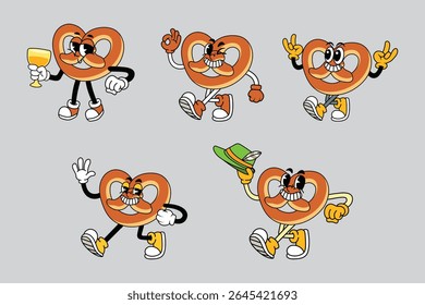 Desenho animado Pretzel Oktoberfest personagens com rostos expressivos e poses em estilo de quadrinhos vintage retrô