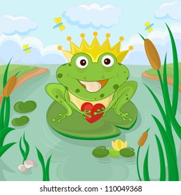 Cartoon funny prince frog with crown on lake with reed, nenuphar, stone for doodle card, cute frame, baby color book, children image, print, wallpaper, farytale, magic land, sweet dream vector eps 8