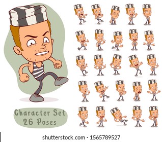 Cartoon funny prisoner boy character with uniform in different positions. Layered vector for animations. Isolated on white background. Big icon set.