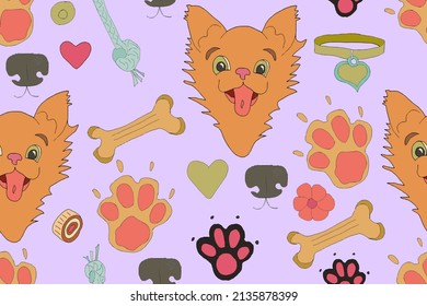 cartoon funny puppies different breeds, loyal and friendly pets, domestic animals with pedigree. Flat vector seamless pattern