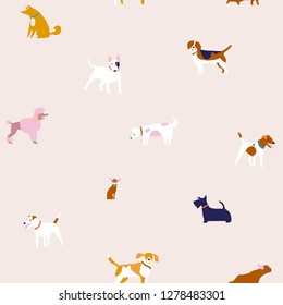 Cartoon funny puppies dog seamless pattern in vector. Breed of dogs illustration in vector