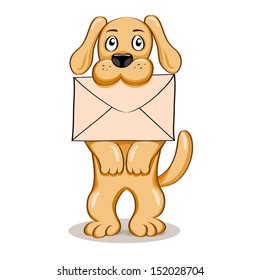 Cartoon funny puppy bringing envelope in the mouth. Isolated kids vector illustration on the white background. eps10
