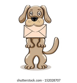 Cartoon funny puppy bringing envelope in the teeth. Isolated kids vector illustration on the white background. eps10