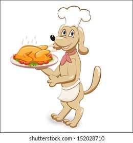 Cartoon funny puppy chef bringing dish with chicken. Isolated kids vector illustration on the white background. eps10