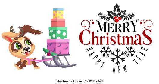 Cartoon funny puppy sledding box with presents
