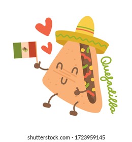 Cartoon funny quesadilla character in Mexican hat with kawaii face, hands and legs. Hand drawn cute emoji. Vector flat emoticon illustration of Mexican fast food