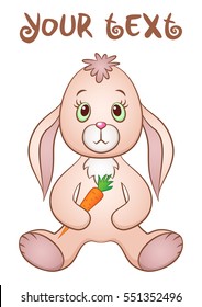 Cartoon Funny Rabbit, Cute Little Bunny Siting and Holding Carrot in Paws, Going to Have Dinner, Isolated on White Background. Vector