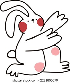 Caricatura divertida imagen de conejo, graciosa ilustración alternativa, arrodillada y rogando por un abrazo