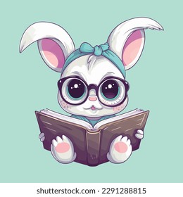 Cartoon funny rabbit mascot reading book vector illustration character concept animal education icon