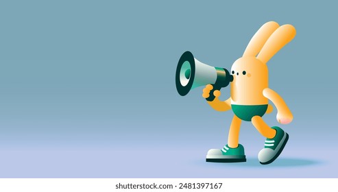 Cartoon funny rabbit with megaphone, discount banner mascot, copy space, vector illustration