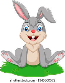 Cartoon funny rabbit sitting on the grass