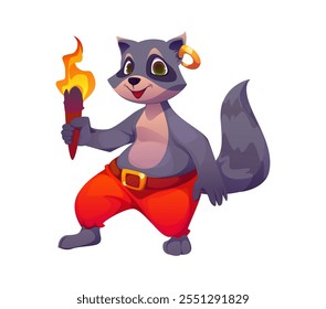 Cartoon funny raccoon animal character dressed as a pirate, complete with a gold earring and red pants, holding a torch with a playful smile. Isolated vector cute coon personage ready for adventure