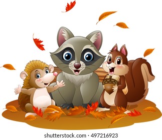 Cartoon funny raccoon, hedgehog and squirrel in the autumn weather