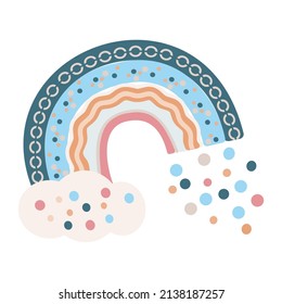 Cartoon funny rainbow. Cloud, rainbow and rain isolated on white background. Cute baby vector illustration isolated on white background for baby shower, party, baby poster, clothes.
