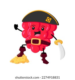 Cartoon funny raspberry corsair character with cutlass and loot. Isolated vector funny berry pirate, happy smiling captain in tricorn and boots with pile of golden coins. Freebooter kid menu personage