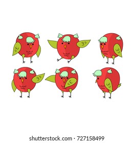 Cartoon funny red bird in different poses. Color illustration.