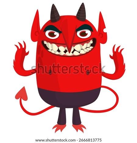 Cartoon funny red devil character design holding fork trident with long tail. Halloween vector illustration isolated