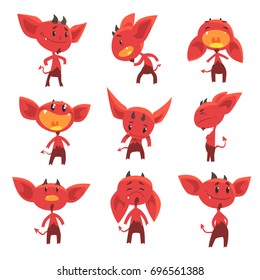 Cartoon funny red devil characters with different emotions set of vector Illustrations