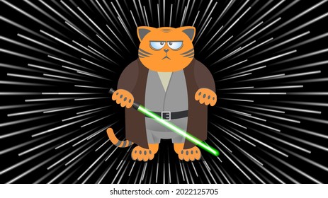 Cartoon Funny Red Fat And Disgruntled Jedi Style Cat With Green Lightsaber On The Background Of The Star Hyper Jump Effect