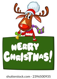 Cartoon funny red nose reindeer holding a blank paper board for Christmas or New Year greetings. Christmas illustration. Vector isolated.